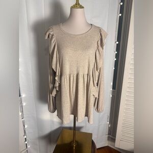 A Beautiful Soul Ruffle Babydoll Top 1X Taupe Knit Tiered Boho Cozy Long Sleeve